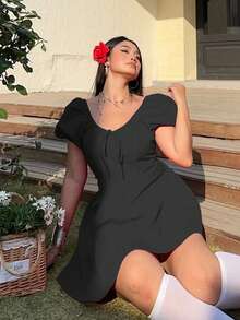 Sunnyshic Plus Size Women's Summer Dresses, Solid Color Scoop Neck Ruffle Tie Bow French Design Romantic Vacation Sweet Fitted A-Line Lantern Sleeve Mini Dress - Black - View 4
