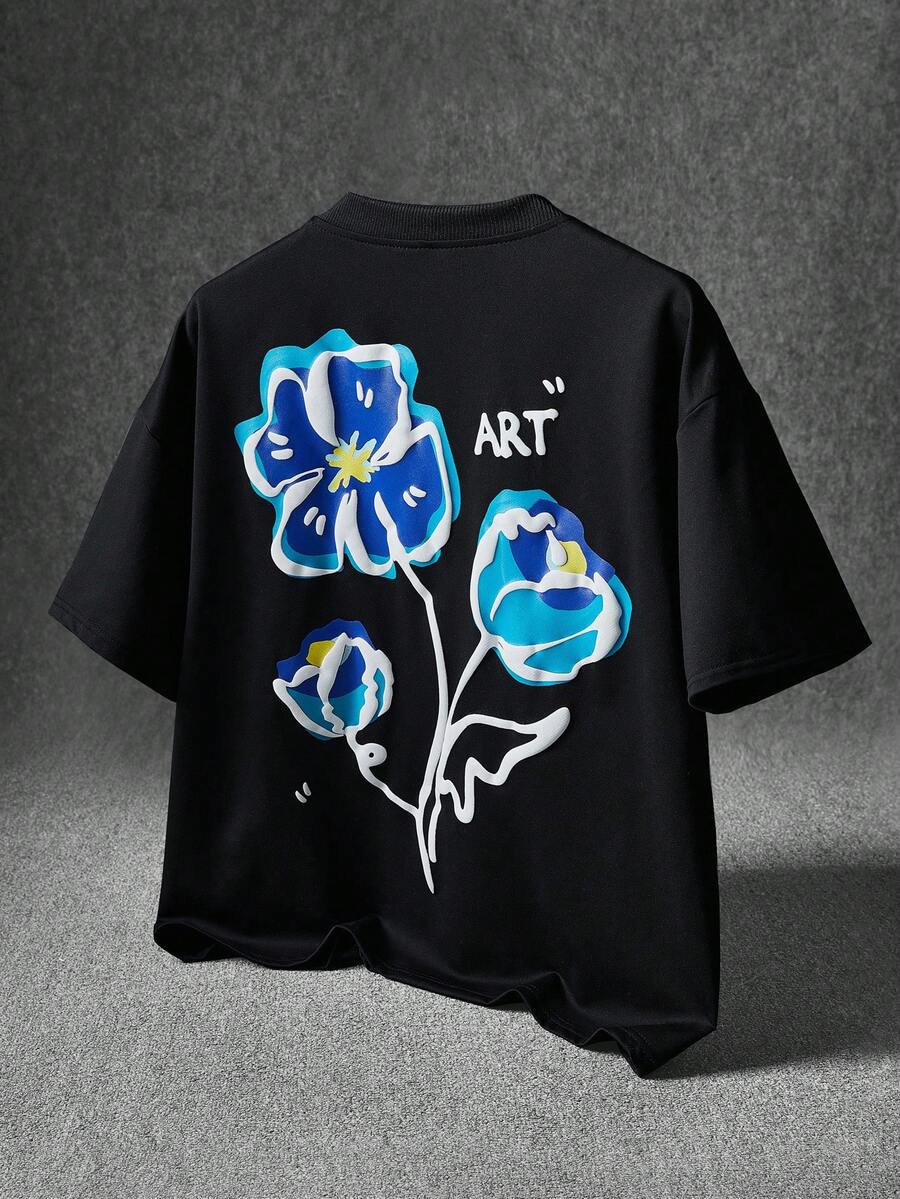 Manfinity EMRG Men's Street-Style Floral Embossed Graphic Tee, Suitable For Outdoor, Music Festivals, Casual Outings, Gifts For Boyfriend/Husband, Anniversary, Black Short Sleeve Alt Shirt Artist Graphic Tee Flower Tshirt Men Men's Graphic Shirt Art Shirt - Black - View 1
