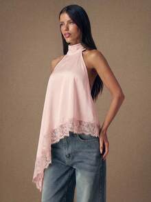 SHEIN BAE Atasan kamisol satin model halter tanpa punggung dengan patchwork renda elegan, cocok untuk pesta, koktail, acara formal, Natal, dan kasual bisnis. - Coral Pink - View 6