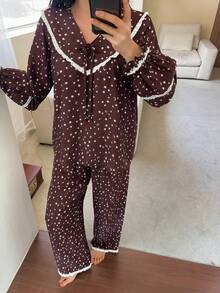 DAZY Star & Moon Print Contrast Color Ruffle Trim Tie Neck Lantern Sleeve Women Pajama Set - Brown - View 6