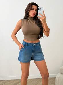 SHEIN High Waisted Wide Leg Denim Shorts With Contrast Stitching - Medium Wash - View 6