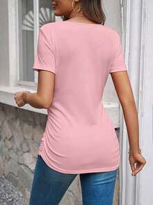 EMERY ROSE Casual Solid Color Ruched T-Shirt, Versatile For Summer Everyday Light Pink - Pink - View 2