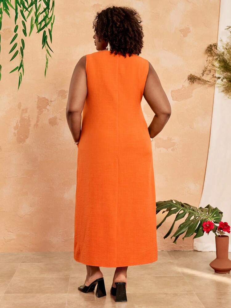 Plus Size Women Bright Orange Sleeveless Maxi Dress, Casual Vacation,Spring Outfit Women,Summer Dresses For Women ,Beach Outfits For Women,Casual Dress For Women,Holiday Outfits For Women,Country Outfits For Women,Yellow Dresses For Women Women Casual Dresses Women's Summer Dresses Plus Size Summer Dresses With Pockets Casual Dresses For Women Summer