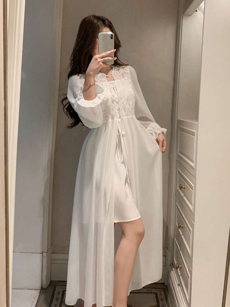 Women's Summer Romantic Vacation Wedding Lace Patchwork Semi-Sheer Chiffon Long Sleeve Robe & Camisole Dress Sleepwear Set