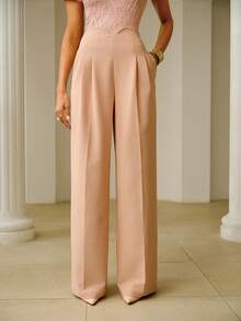 ZEYLAH Minimalist Asymmetrical Waistband Straight Leg Wide Leg Pants, Spring/Summer - Pink - View 4