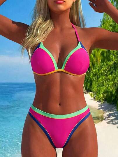  Nowość Swim Vcay, dwuczęściowy damski komplet bikini typu halter boho z tropikalnym wzorem paisley, wielokolorowy strój kąpielowy – żywa mieszanka czerwieni, różu, żółci i zieleni z brązu, kolorowe stroje kąpielowe z mandalą, wysoko wycięte figi, tęczowe, blokowe stroje plażowe, przyciągający wzrok, stylowy i kobiecy strój kąpielowy, letnie wakacje na plaży, strój kąpielowy w stylu retro Y2K Spice Hot Girl, na imprezę przy basenie, festiwal muzyczny, tropikalna wyspa przybrzeżna, klimaty Vcay i Mod
