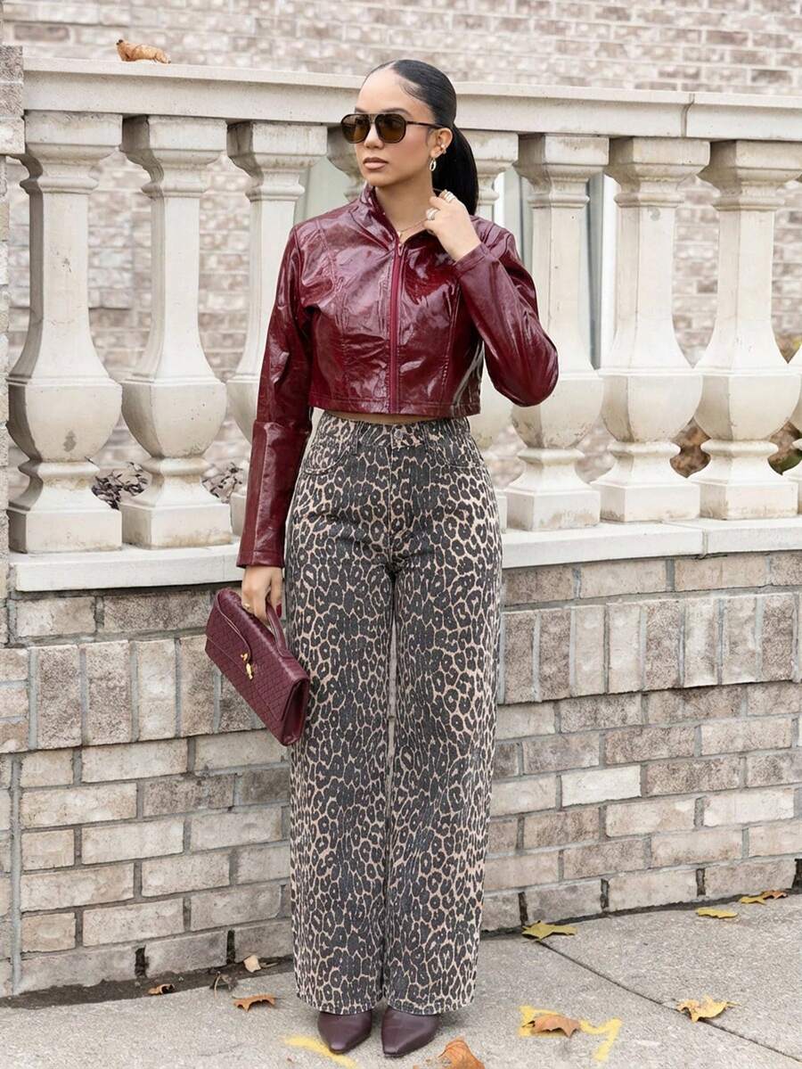 Melissa Matos Leopard Print Denim Long Pants, Casual & Fashionable For Everyday Wear - Multicolor - View 1