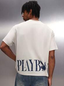 PLAYBOY X SUMWON 男士常规版型圆领短袖印花T恤，背面印花，假日季休闲纯棉T恤 - 杏色 - 查看 1