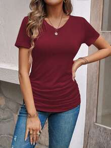 EMERY ROSE Casual Solid Color Ruched T-Shirt, Versatile For Summer Occasion Dark Burgundy - Red - View 3
