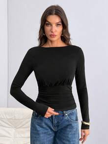 SHEIN Tall 深V露背长袖上衣 冬季黑色 - 黑色 - 查看 9