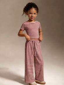 2pcs Girls' Spring/Summer Ribbed Short Sleeve T-Shirt And Wide Leg Pants Set, Casual Ribbed Outfit For Home, Leisure, Outdoor Sports - Pink - View 1