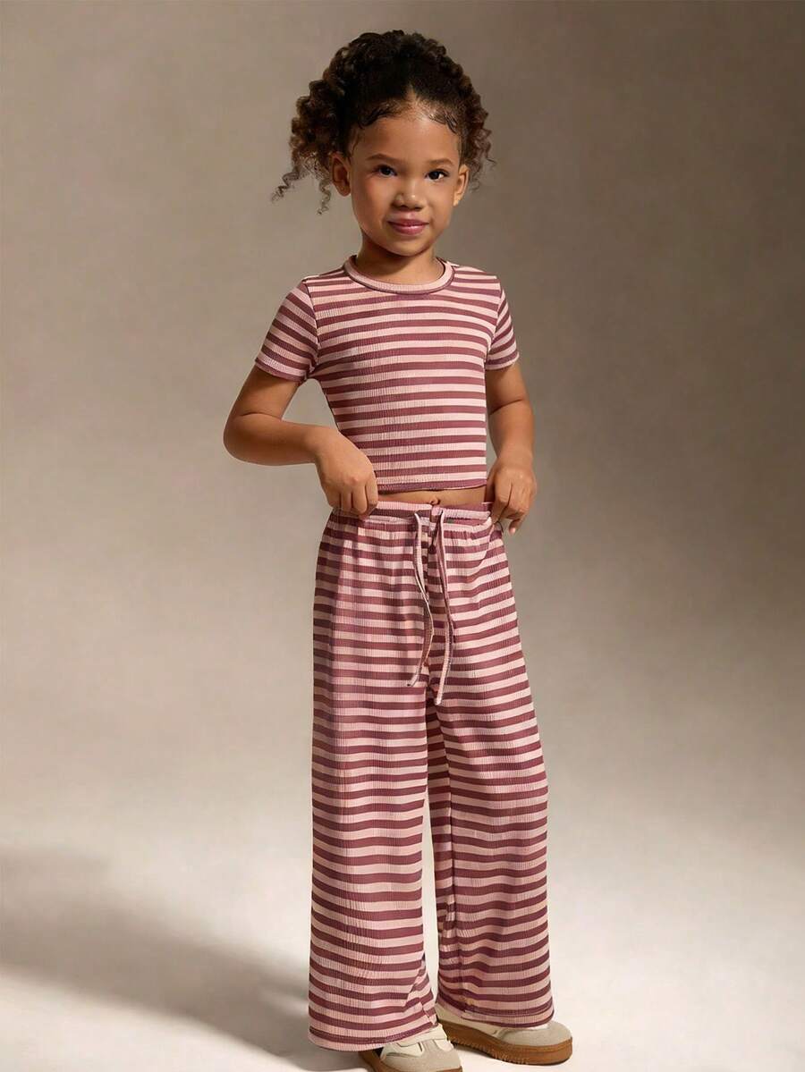 2pcs Girls' Spring/Summer Ribbed Short Sleeve T-Shirt And Wide Leg Pants Set, Casual Ribbed Outfit For Home, Leisure, Outdoor Sports - Pink - View 1