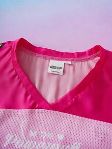 THE POWERPUFF GIRLS X SHEIN Tween Girls' Letter Print V-Neck Loose Short Sleeve T-Shirt, - Pink - View 6