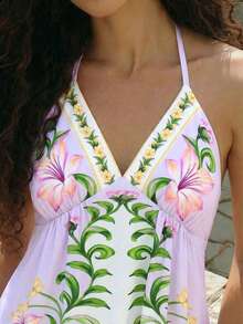 Romantic And Elegant Backless Printed Short Summer Dress - Purple - View 5