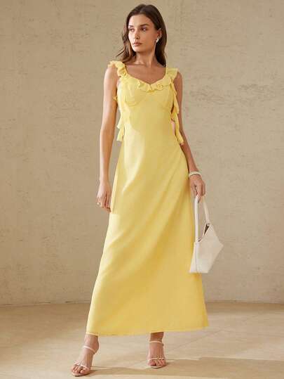 Aveloria Rosie Women's Chiffon Fabric Slim Fit Maxi Long Dress Ruffle Neck And Shoulder Design Backless Tie Up Cami Style Elegant Romantic French Style Yellow Dress For Women Elegant Party Dresses Summer Vacation Dresses