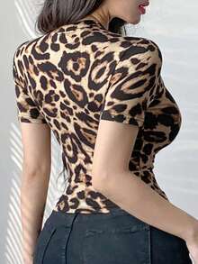 Women's Leopard Print Fitted Short Sleeve Cardigan - Brown - View 3