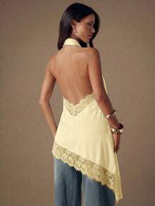 SHEIN BAE Áo hai dây satin hở lưng phối ren thanh lịch, thích hợp cho tiệc tùng, cocktail, các dịp trang trọng, Giáng sinh, hoặc trang phục công sở thường ngày. - Màu vàng - Xem 2