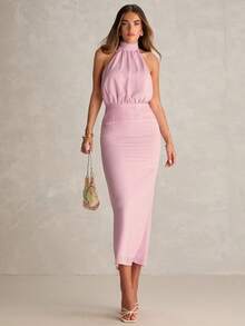 Enchnt Đầm cổ yếm xếp ly lãng mạn, thiết kế mới mùa hè, đầm ôm sát hở lưng thắt eo nơ dành cho nữ. - Hồng - Xem 6