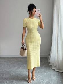 SHEIN Elenzya 优雅修身特殊纹理女士短袖毛衣连衣裙，春夏款 - 黃色 - 查看 8