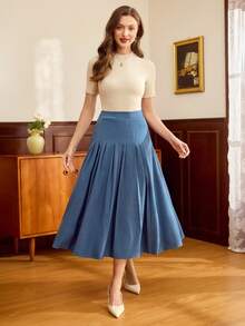 Vintamour Vintage Classic Elegant Women's Pleated A-Line Skirt, Navy Blue Pocketed Skirt, Spring/Summer - Navy Blue - View 6