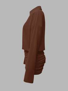 Cévolie Party Style Women's Mocha Brown Mini Dress Semi-Sheer Fabric Collar Button Front Regular Wrist-Length Sleeves Plain Pattern - Mocha Brown - View 4