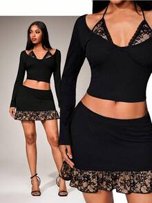 Radiana 女士春夏时尚休闲性感可爱二合一蕾丝拼接三角抹胸长袖修身上衣搭配同款迷你裙两件套，适合休闲、街头风、科切拉音乐节、西部风、音乐节、复古风、极简主义等场合。 - 黑色 - 查看 7