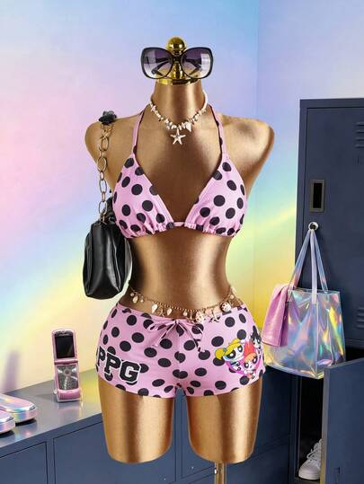 THE POWERPUFF GIRLS X SHEIN 女士夏季沙滩波点印花露背系带性感比基尼泳装套装