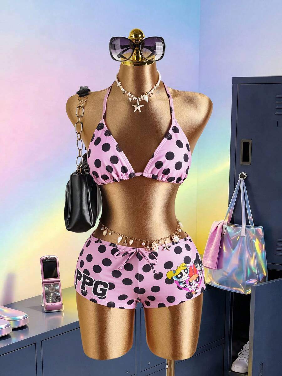 THE POWERPUFF GIRLS X SHEIN 女士夏季沙滩波点印花露背系带性感比基尼泳装套装 - 粉色 - 查看 1