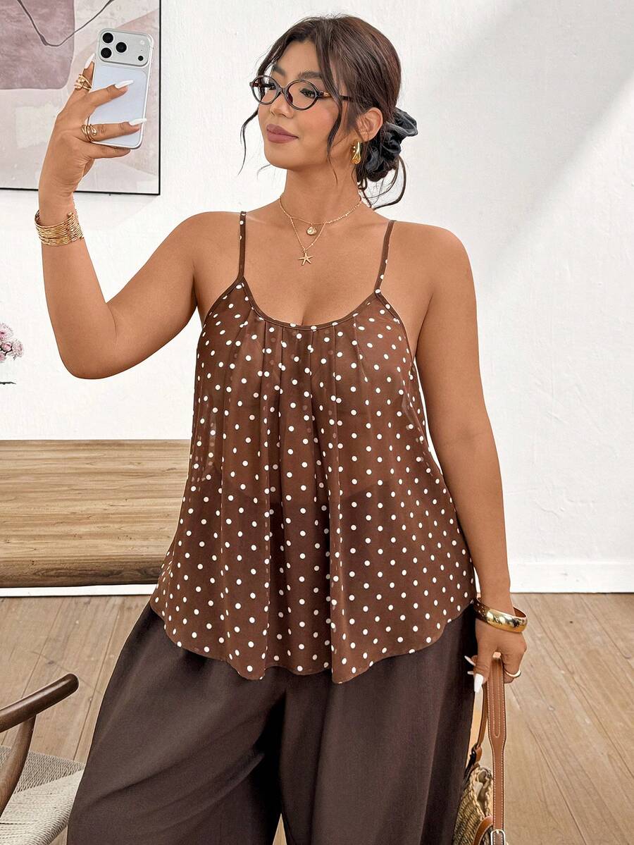 Lounesse Plus Size Summer Casual Polka Dot Print Camisole - Brown - View 1