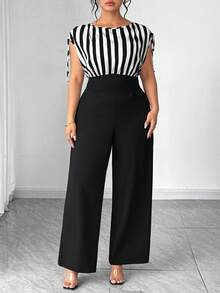 Elenzga Bộ jumpsuit ống rộng phối sọc thanh lịch dành cho nữ cỡ lớn, thích hợp cho công sở và mặc hàng ngày. - Nhiều màu - Xem 5