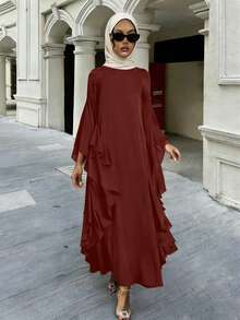 Vesra Burgundy Collared Draped Ruffle Sleeve Loose Robe - Rust Brown - View 1