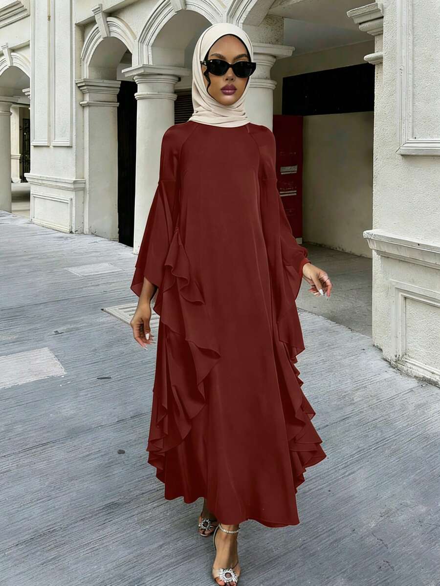 Vesra Burgundy Collared Draped Ruffle Sleeve Loose Robe - Rust Brown - View 1