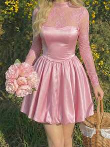 Glamine Charm 女士连衣裙，泡泡裙摆连衣裙，蕾丝拼接编织连衣裙，黑色连衣裙 - 粉色 - 查看 8