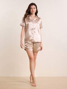 Hourtrue Conjunto de pijama de satén con botones y ribete de contraste - Champán - Ver 3