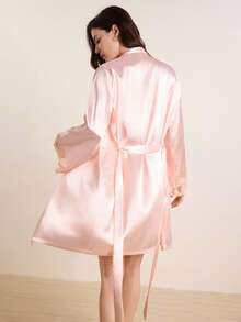 Hourtrue 2er Set Damen Sexy Spitzen-Camisole Nachtkleid & eleganter Satin-Morgenmantel mit Gürtel, Champagnerfarbe, Ganzjahres, Urlaub, Herbst Winter Kleidung, gemütlich und elegant, Old Money Vibe, elegantes Outfit für den Sommer - Pink - Übersicht 2
