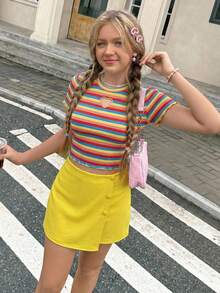 SHEIN 2pcs/Set Teen Girl Heart Hollow Embroidery Striped T-Shirt & Solid Color Button Faux Skort,Kids - Yellow - View 3