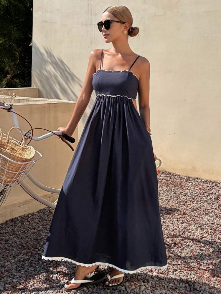 Women's Contrast Color Ruffle Strap Dress, Elegant Vacation Style Long Dress Sundress Summer