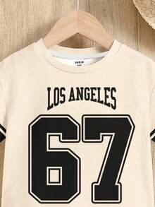 SHEIN Young Boy Summer Back-To-School School Casual Sporty Digit 67 Colorblock,Loose Comfortable Round Neck Short Sleeve T-Shirt & Shorts Set For Spring - Multicolor - View 4