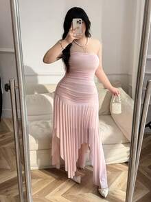 CovetEZ Đầm ống màu trơn, dáng rộng, vạt bất đối xứng, xếp ly, thích hợp cho hẹn hò và tiệc tùng, mùa xuân/hè. - Hồng - Xem 9