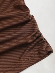 Sweetra Women's Solid Color Off Shoulder Short Sleeve T-Shirt, Summer - Brown - View 5