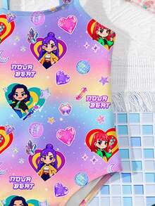 SHEIN Áo tắm liền thân in hình hoạt hình các cô gái trẻ, họa tiết chuyển màu, lấy cảm hứng từ các ngôi sao K-Pop, nhóm nhạc nữ hoạt hình, thích hợp cho mùa hè. - Nhiều màu - Xem 6
