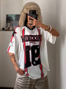 StreetHx Oversized Women's V-Neck Letter & Number Print Raglan Sleeve T-Shirt, Street Style, Spring/Summer - Multicolor - View 3