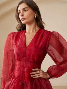 BELROSIE Vestido elegante y ligero con estampado de sirena, cuello en V, cintura recogida, mangas con volantes y dobladillo con volantes cortos. Vestido de organza para mujer, atuendo de vacaciones para mujer, ropa de vacaciones para mujer, vestido formal para mujer, conjunto de vacaciones para mujer - Multicolor - Ver 1
