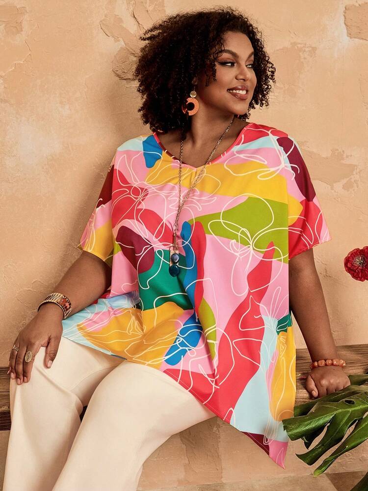 Plus Size Women Allover Print Casual Versatile Daily Wear Shirt Women's Oversized Tshirt Women's Tops For Summer Summer Tops For Women Vacation Women's Beach Cover Up Multicolor Women Blouses Blouse For Women Casual Modern Women's Short Sleeve Tops