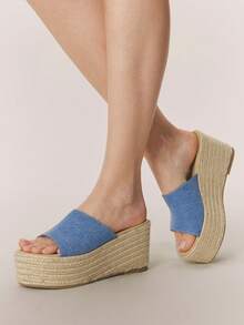 Styleloop Women's Slope Heel Platform Sandals, Summer Open-Toed Bohemian Vacation Sandals, Hemp Rope Woven Roman Beach Sandals, Buckle Dress Shoes, Suitable For Vacation Season, Spring And Summer, Bohemian Style, Vacation Wear, Travel Essentials - Blue - View 1
