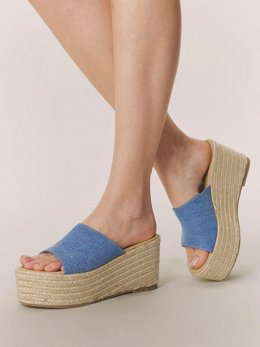 Styleloop Women's Slope Heel Platform Sandals, Summer Open-Toed Bohemian Vacation Sandals, Hemp Rope Woven Roman Beach Sandals, Buckle Dress Shoes, Suitable For Vacation Season, Spring And Summer, Bohemian Style, Vacation Wear, Travel Essentials - Blue - View 1