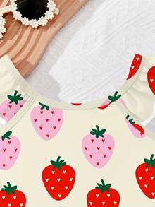 SHEIN Cute Summer Strawberry Print, Vacation Beach, #Coconutgirl, Baby Girls Casual Slim-Fit Bodysuit Swimsuit Suitable For Summer, Princess Chic, Little Stars, Baby Girl Swimwear, Vacay Romance Fruit Print Swimsuit For Girls Strawberry Swimsuit For Toddler Girls Baby Strawberry Swimsuit Girls Strawberry Swimsuit Baby Fruit Swimsuit - Multicolor - View 3