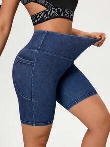 Flexra High Stretch Fitted Versatile Yoga Multi-Pocket High Waist Women Denim Shorts - Medium Wash - View 9