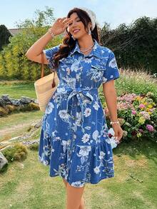EMERY ROSE 大码女式碎花扭结前襟休闲牛仔连衣裙，适合约会和外出穿着 - 藍色 - 查看 3