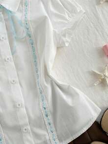 Elamini 女士白色纯棉短袖蝴蝶结蕾丝拼接衬衫，甜美可爱少女风校园风时尚休闲百搭日常单品，舒适纯棉面料，春夏返校季必备 - 白色 - 查看 7